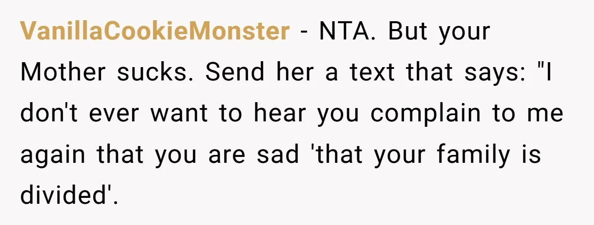 VanillaCookieMonster − NTA. But your Mother sucks. Send her a text that says: "I don't ever want to hear you complain to me again that you are sad 'that your...