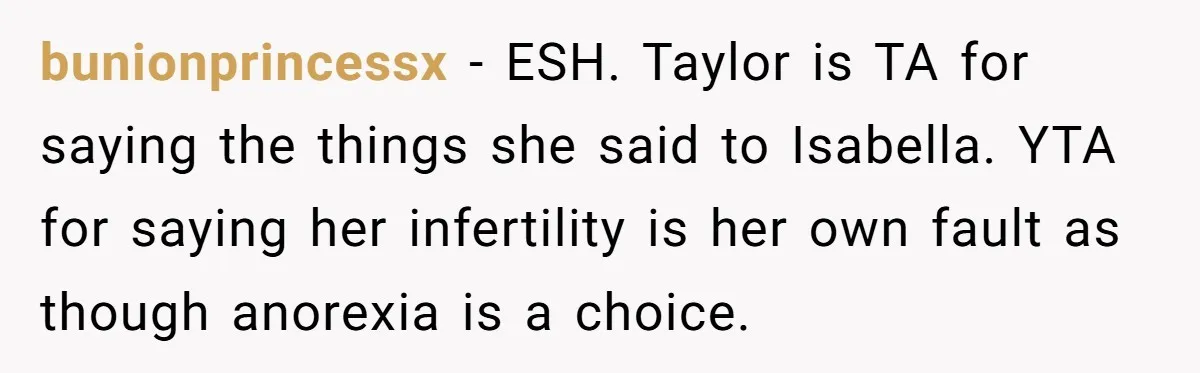 bunionprincessx − ESH. Taylor is TA for saying the things she said to Isabella. YTA for saying her infertility is her own fault as though anorexia is a choice.