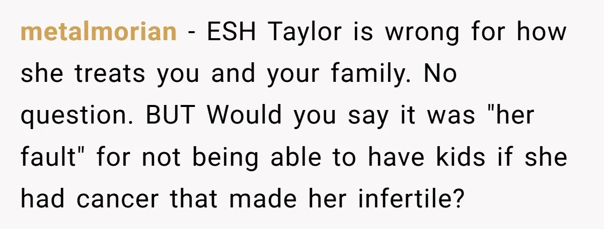 metalmorian − ESH Taylor is wrong for how she treats you and your family. No question. BUT Would you say it was "her fault" for not being able to have...