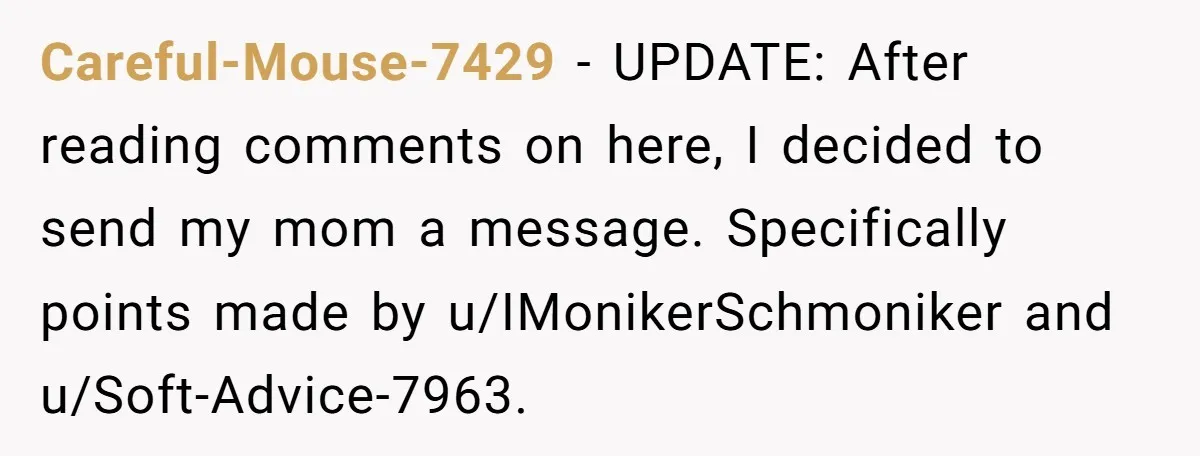 Careful-Mouse-7429 − UPDATE: After reading comments on here, I decided to send my mom a message. Specifically points made by u/IMonikerSchmoniker and u/Soft-Advice-7963.