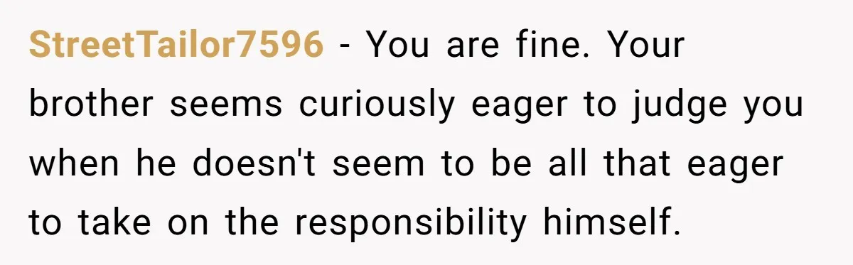 StreetTailor7596 − You are fine. Your brother seems curiously eager to judge you when he doesn't seem to be all that eager to take on the responsibility himself.