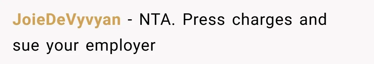 JoieDeVyvyan - NTA. Press charges and sue your employer