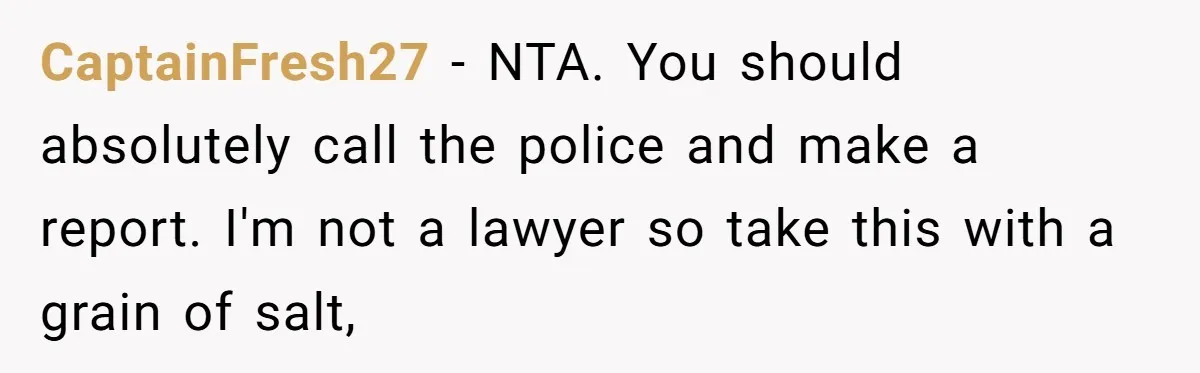 CaptainFresh27 - NTA. You should absolutely call the police and make a report. I'm not a lawyer so take this with a grain of salt,