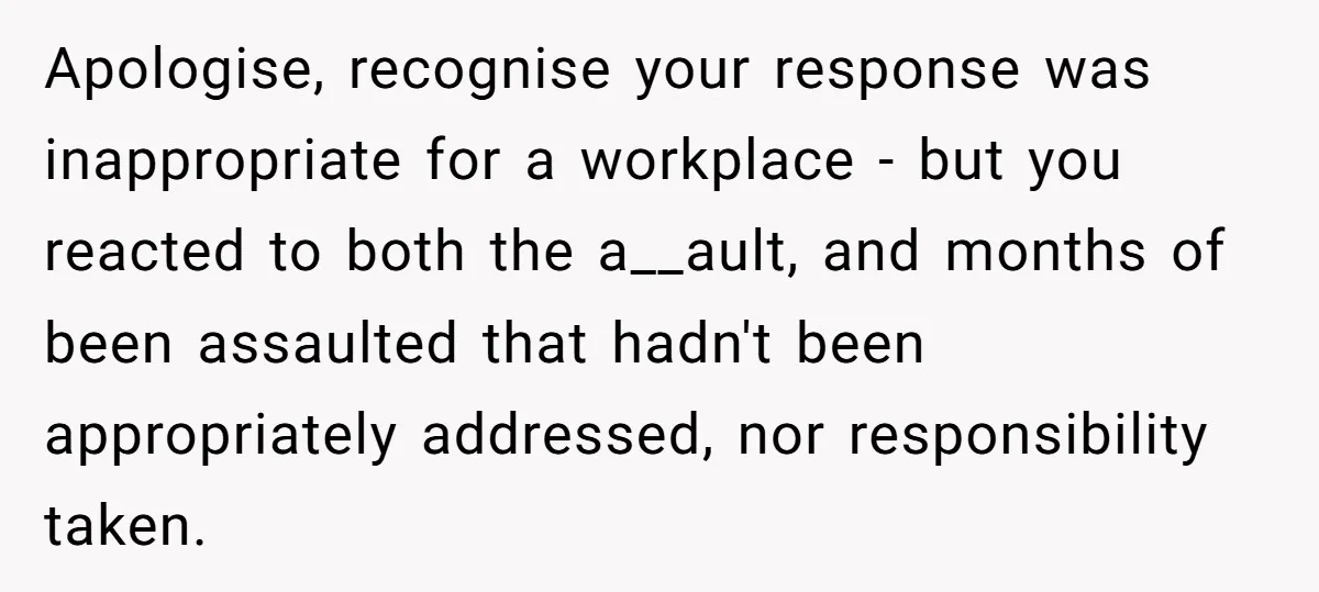 Apologise, recognise your response was inappropriate for a workplace - but you reacted to both the a__ault, and months of been assaulted that hadn't been appropriately addressed, nor responsibility taken.
