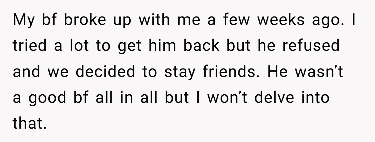 My bf broke up with me a few weeks ago. I tried a lot to get him back but he refused and we decided to stay friends. He wasn’t a...