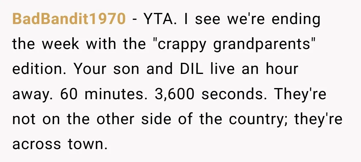 BadBandit1970 − YTA. I see we're ending the week with the "crappy grandparents" edition. Your son and DIL live an hour away. 60 minutes. 3,600 seconds. They're not on the...