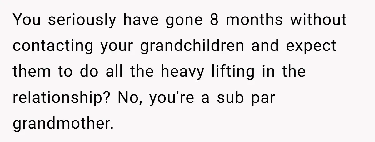 You seriously have gone 8 months without contacting your grandchildren and expect them to do all the heavy lifting in the relationship? No, you're a sub par grandmother.