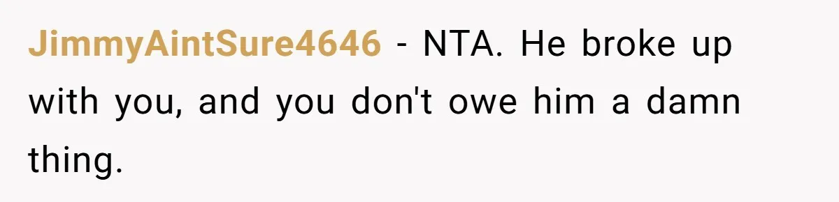 JimmyAintSure4646 − NTA. He broke up with you, and you don't owe him a damn thing.