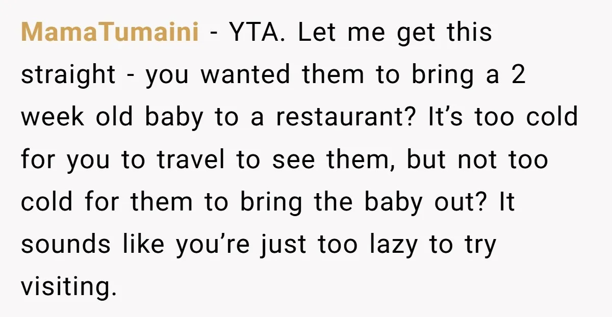 MamaTumaini − YTA. Let me get this straight - you wanted them to bring a 2 week old baby to a restaurant? It’s too cold for you to travel to...
