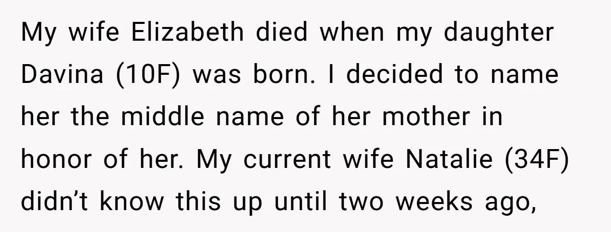 My wife Elizabeth died when my daughter Davina (10F) was born. I decided to name her the middle name of her mother in honor of her. My current wife Natalie...