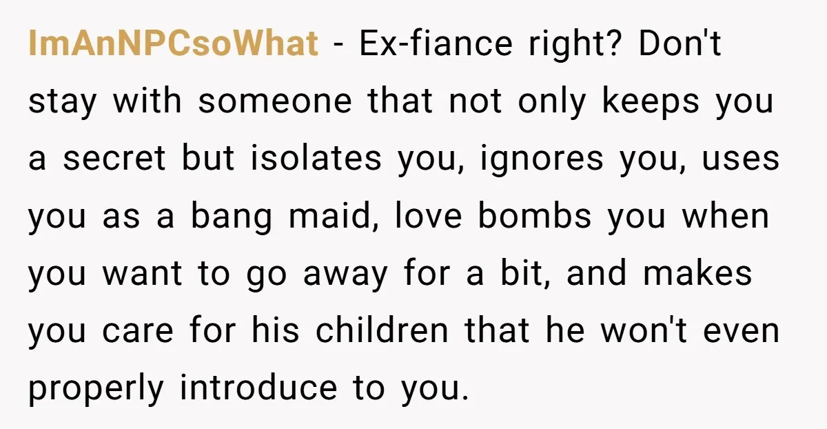 ImAnNPCsoWhat - Ex-fiance right? Don't stay with someone that not only keeps you a secret but isolates you, ignores you, uses you as a bang maid, love bombs you when...