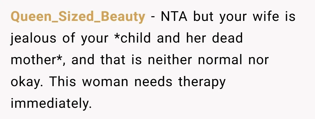 Queen_Sized_Beauty − NTA but your wife is jealous of your *child and her dead mother*, and that is neither normal nor okay. This woman needs therapy immediately.