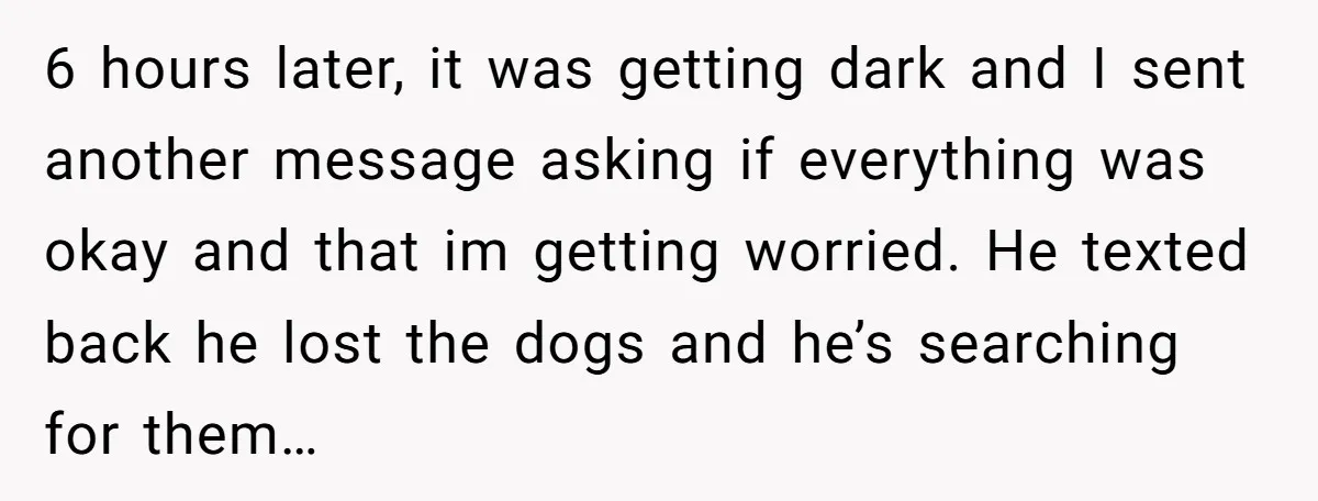 6 hours later, it was getting dark and I sent another message asking if everything was okay and that im getting worried. He texted back he lost the dogs and...
