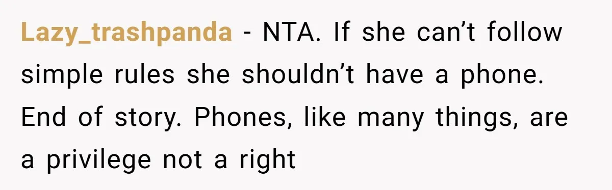 Lazy_trashpanda − NTA. If she can’t follow simple rules she shouldn’t have a phone. End of story. Phones, like many things, are a privilege not a right