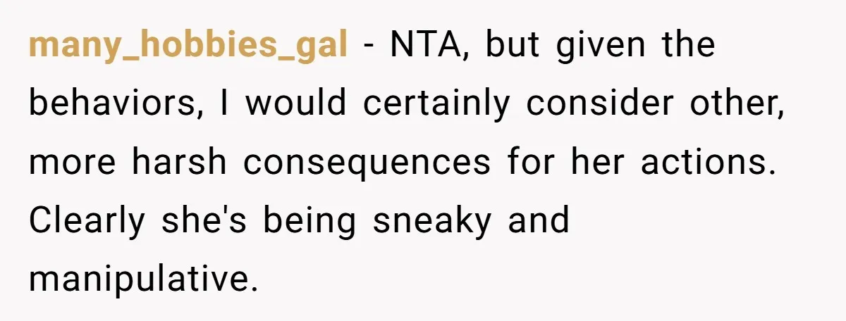 many_hobbies_gal − NTA, but given the behaviors, I would certainly consider other, more harsh consequences for her actions. Clearly she's being sneaky and manipulative.
