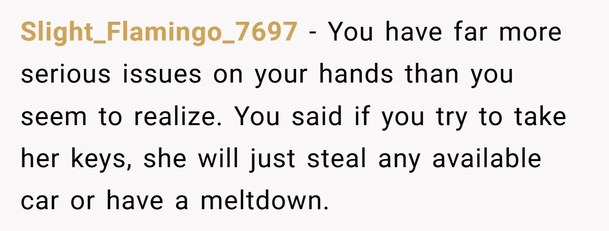 Slight_Flamingo_7697 − You have far more serious issues on your hands than you seem to realize. You said if you try to take her keys, she will just steal any...