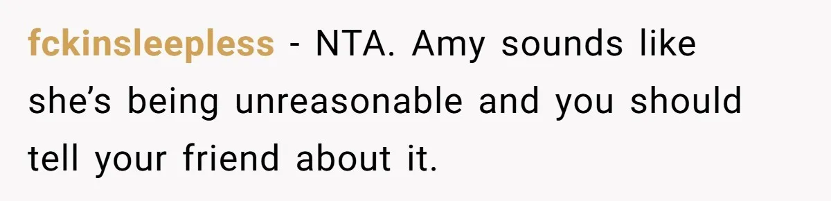 fckinsleepless − NTA. Amy sounds like she’s being unreasonable and you should tell your friend about it.