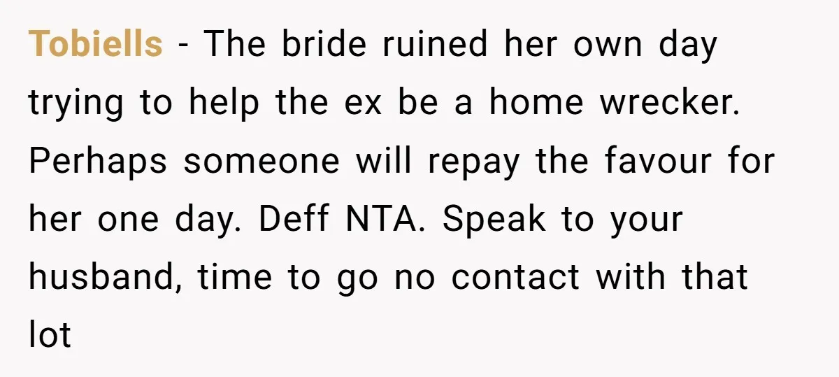 Tobiells − The bride ruined her own day trying to help the ex be a home wrecker. Perhaps someone will repay the favour for her one day. Deff NTA. Speak...