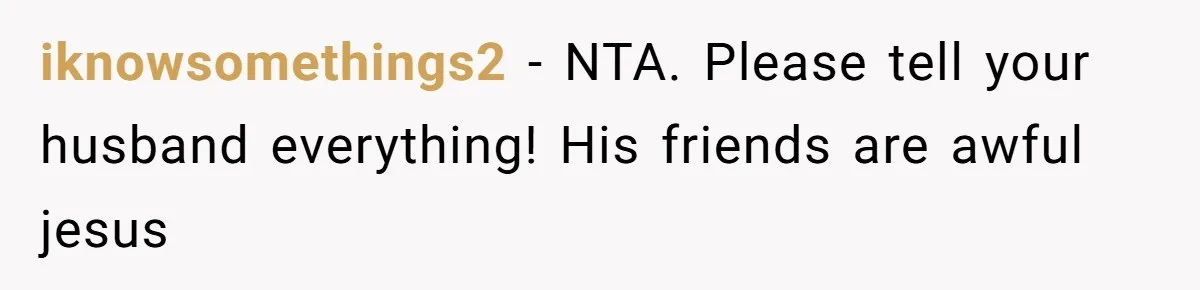 iknowsomethings2 − NTA. Please tell your husband everything! His friends are awful jesus
