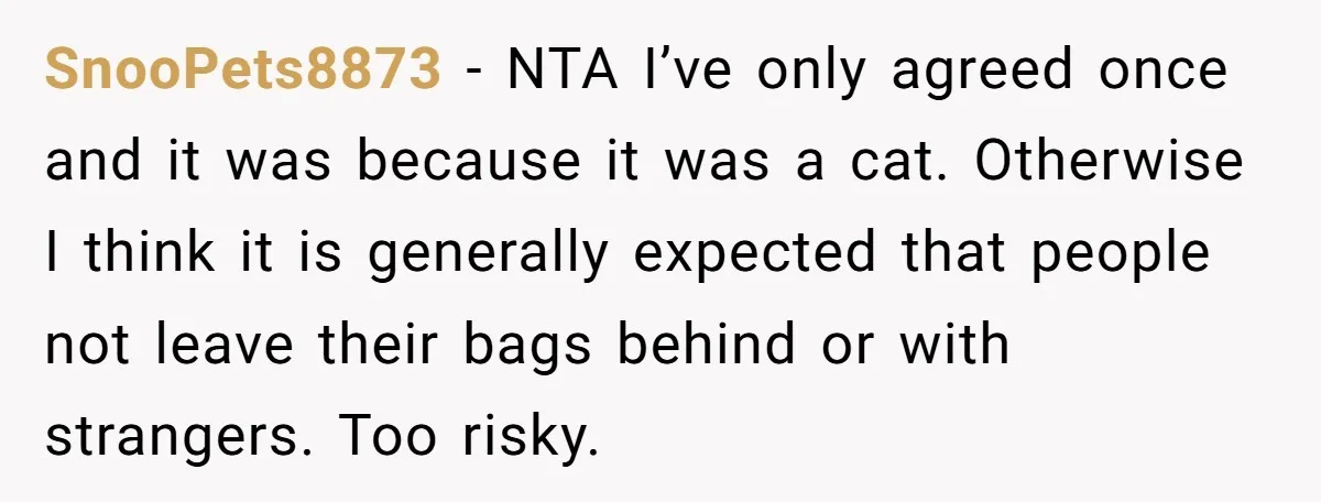 SnooPets8873 − NTA I’ve only agreed once and it was because it was a cat. Otherwise I think it is generally expected that people not leave their bags behind or...