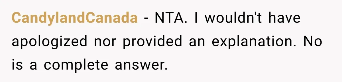 CandylandCanada − NTA. I wouldn't have apologized nor provided an explanation. No is a complete answer.