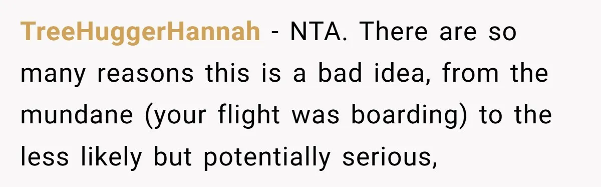 TreeHuggerHannah − NTA. There are so many reasons this is a bad idea, from the mundane (your flight was boarding) to the less likely but potentially serious,