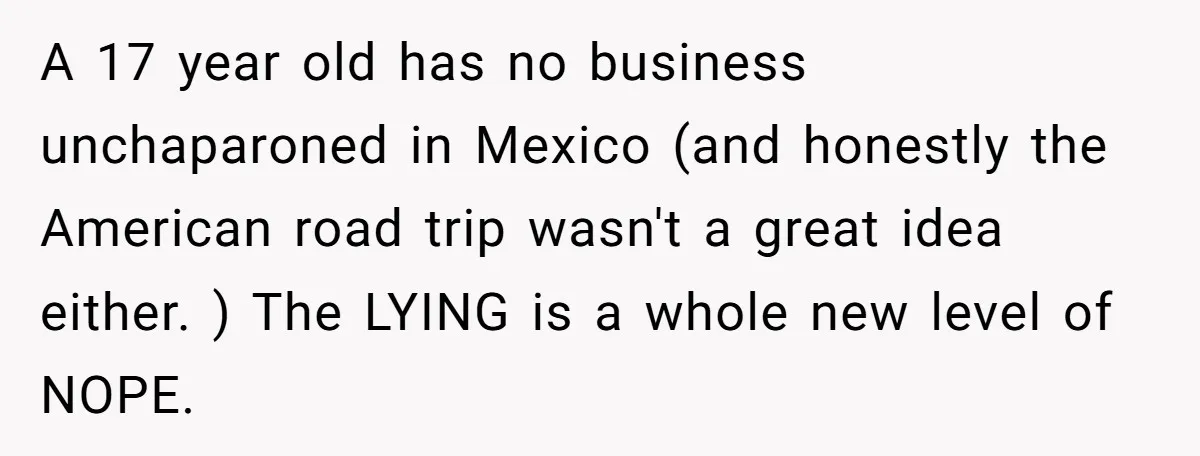 A 17 year old has no business unchaparoned in Mexico (and honestly the American road trip wasn't a great idea either. ) The LYING is a whole new level of...