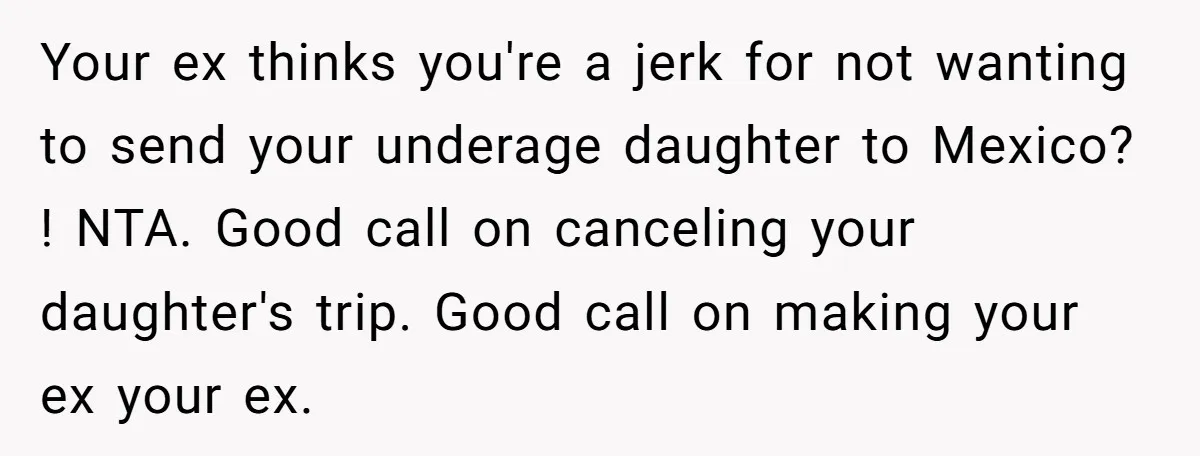 Your ex thinks you're a jerk for not wanting to send your underage daughter to Mexico? ! NTA. Good call on canceling your daughter's trip. Good call on making your...