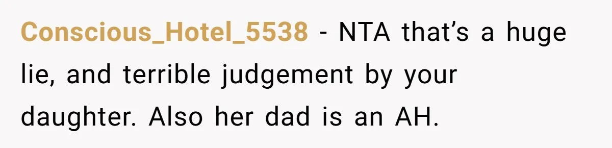 Conscious_Hotel_5538 − NTA that’s a huge lie, and terrible judgement by your daughter. Also her dad is an AH.