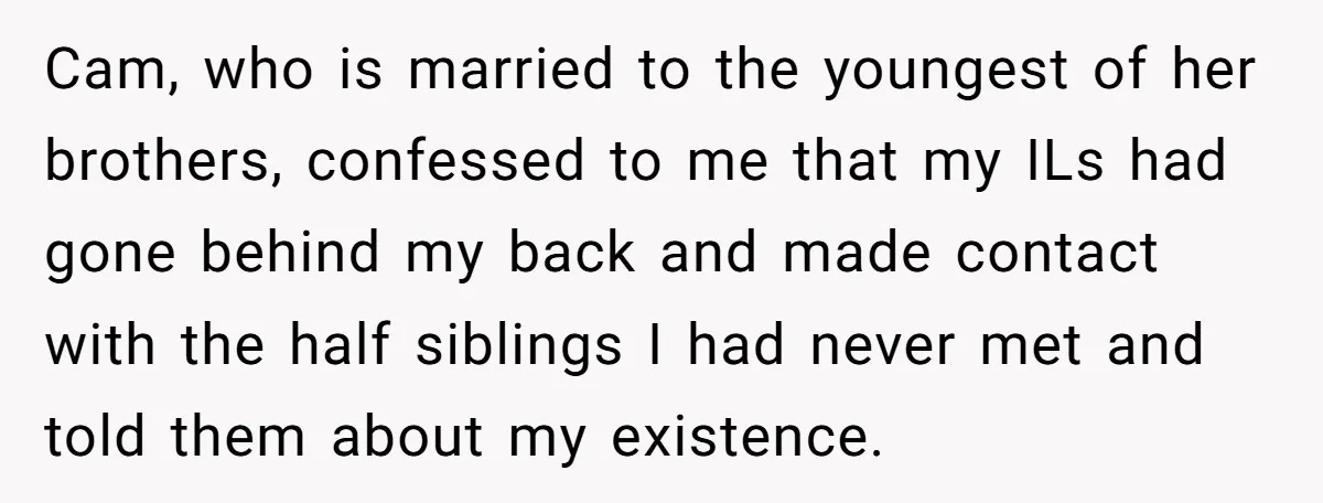 Cam, who is married to the youngest of her brothers, confessed to me that my ILs had gone behind my back and made contact with the half siblings I had...