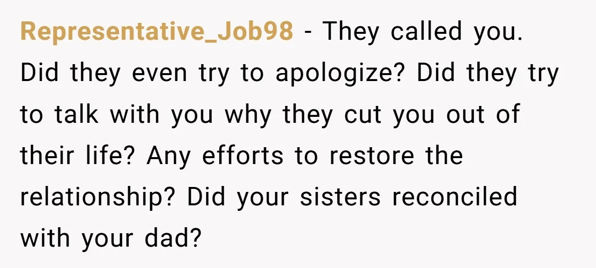 Representative_Job98 − They called you. Did they even try to apologize? Did they try to talk with you why they cut you out of their life? Any efforts to restore...