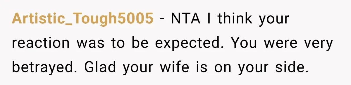 Artistic_Tough5005 − NTA I think your reaction was to be expected. You were very betrayed. Glad your wife is on your side.