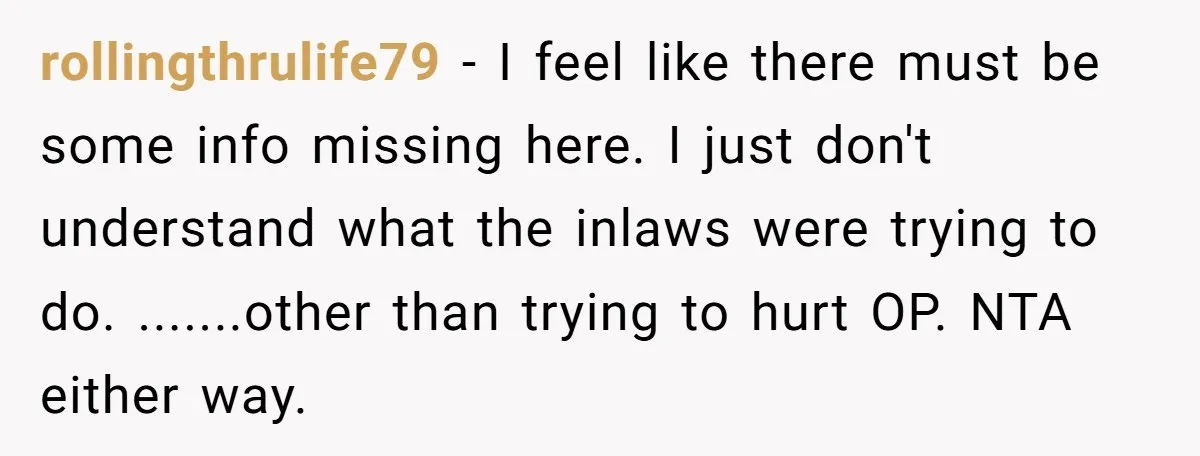 rollingthrulife79 − I feel like there must be some info missing here. I just don't understand what the inlaws were trying to do. .......other than trying to hurt OP. NTA...