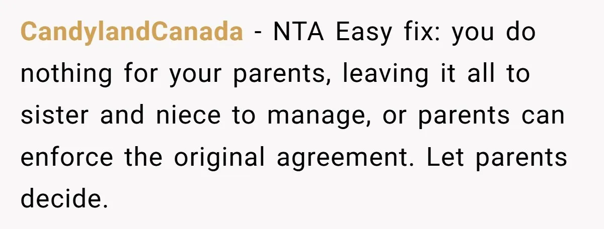 CandylandCanada - NTA Easy fix: you do nothing for your parents, leaving it all to sister and niece to manage, or parents can enforce the original agreement. Let parents decide.