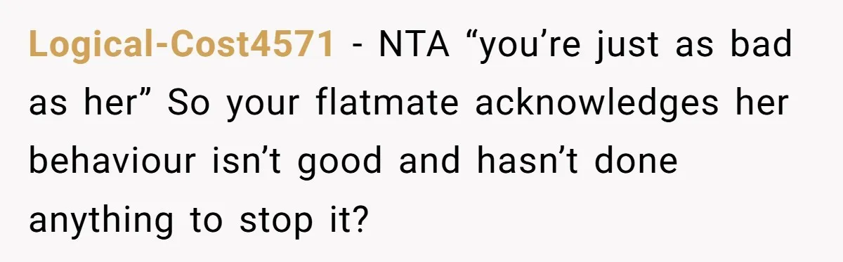 Logical-Cost4571 − NTA “you’re just as bad as her” So your flatmate acknowledges her behaviour isn’t good and hasn’t done anything to stop it?