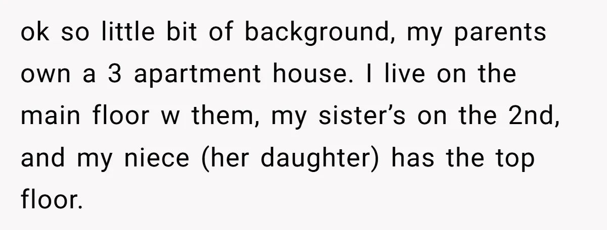 ok so little bit of background, my parents own a 3 apartment house. I live on the main floor w them, my sister’s on the 2nd, and my niece (her...