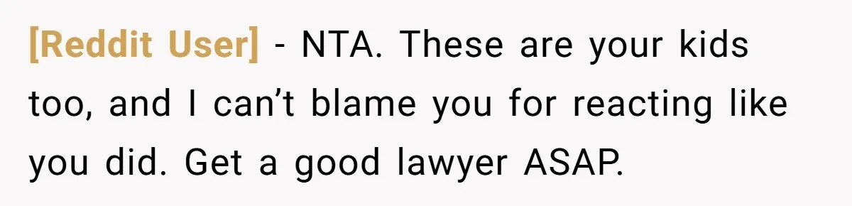 [Reddit User] − NTA. These are your kids too, and I can’t blame you for reacting like you did. Get a good lawyer ASAP.