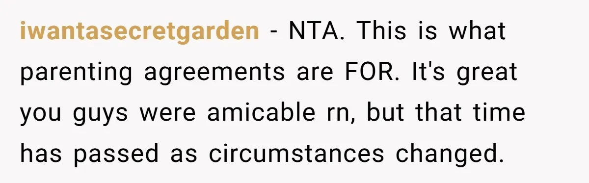 iwantasecretgarden − NTA. This is what parenting agreements are FOR. It's great you guys were amicable rn, but that time has passed as circumstances changed.