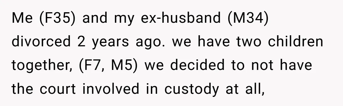 Me (F35) and my ex-husband (M34) divorced 2 years ago. we have two children together, (F7, M5) we decided to not have the court involved in custody at all,