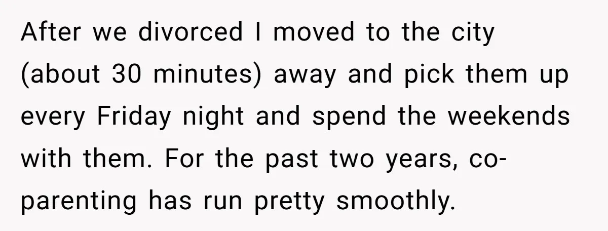 After we divorced I moved to the city (about 30 minutes) away and pick them up every Friday night and spend the weekends with them. For the past two years,...