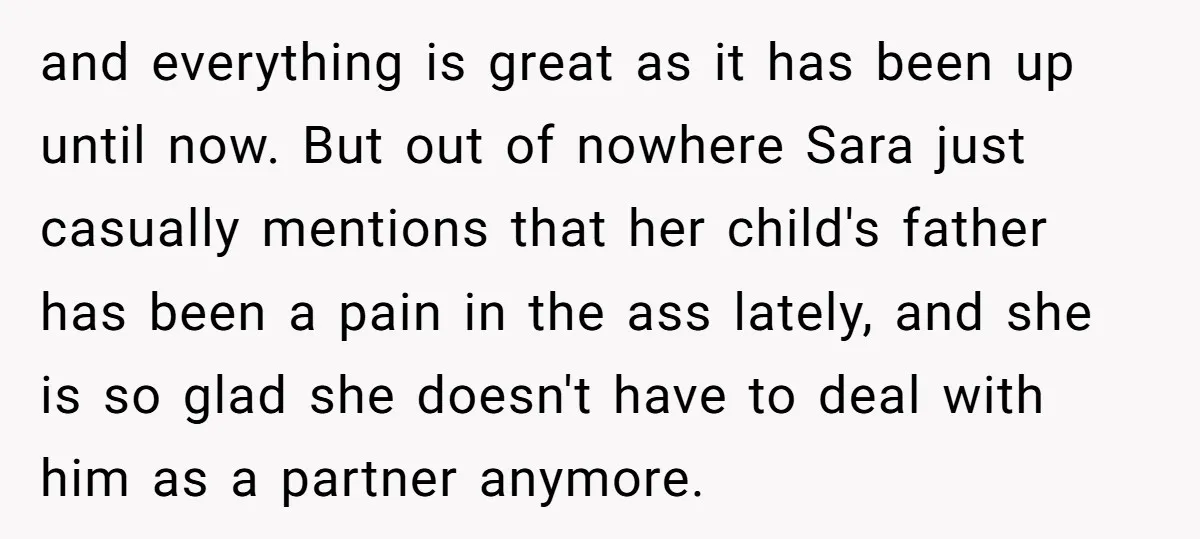 and everything is great as it has been up until now. But out of nowhere Sara just casually mentions that her child's father has been a pain in the ass...
