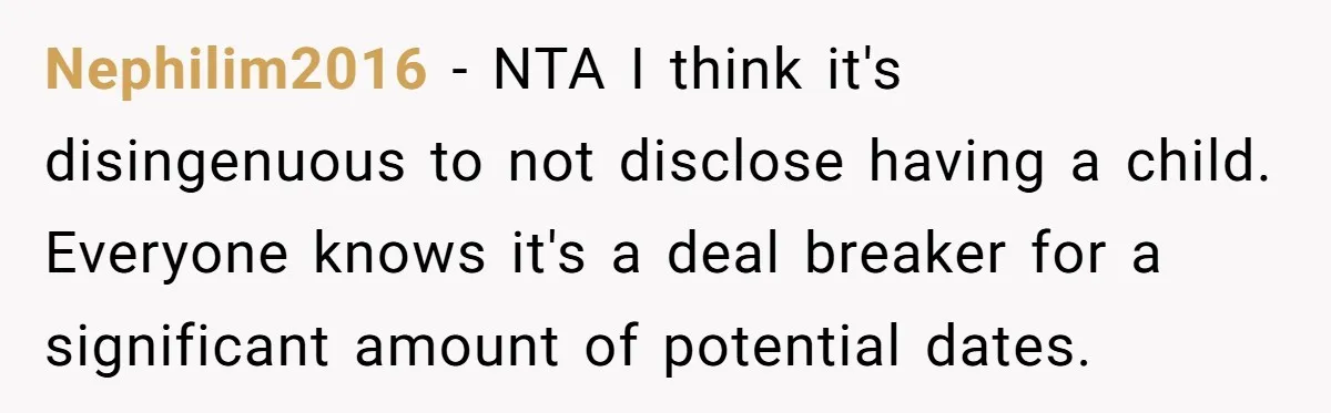 Nephilim2016 − NTA I think it's disingenuous to not disclose having a child. Everyone knows it's a deal breaker for a significant amount of potential dates.