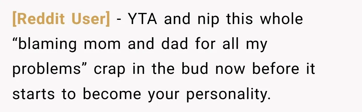 [Reddit User] − YTA and nip this whole “blaming mom and dad for all my problems” crap in the bud now before it starts to become your personality.