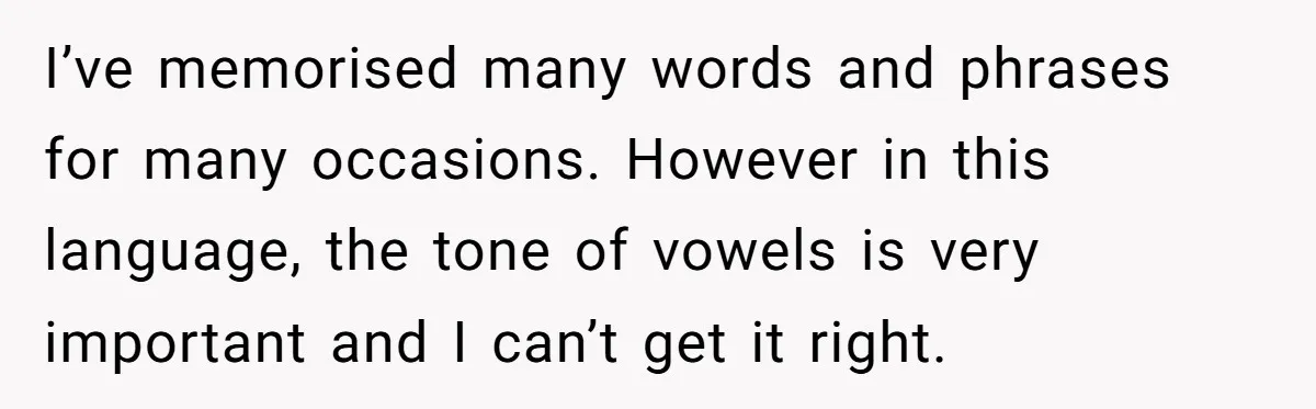 I’ve memorised many words and phrases for many occasions. However in this language, the tone of vowels is very important and I can’t get it right.