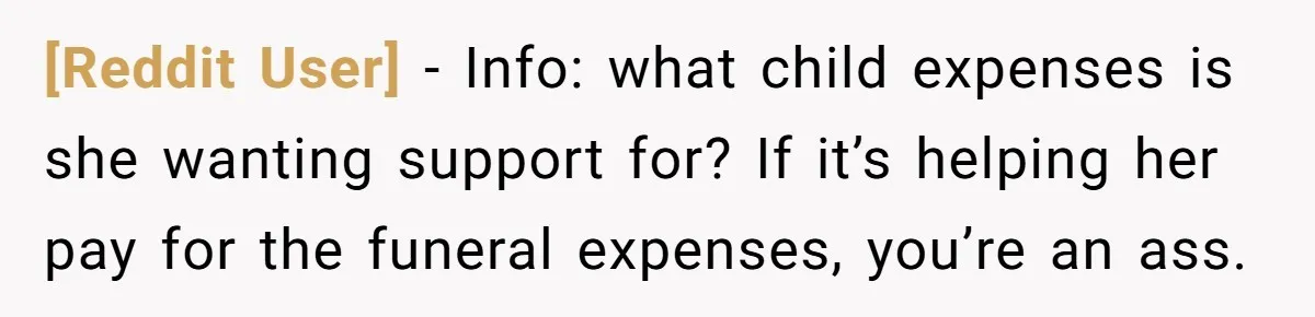[Reddit User] - Info: what child expenses is she wanting support for? If it’s helping her pay for the funeral expenses, you’re an ass.