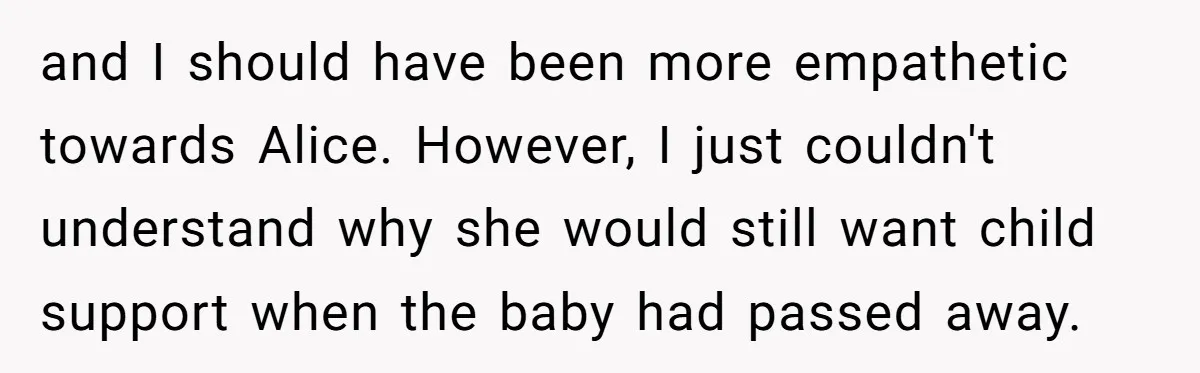 and I should have been more empathetic towards Alice. However, I just couldn't understand why she would still want child support when the baby had passed away.