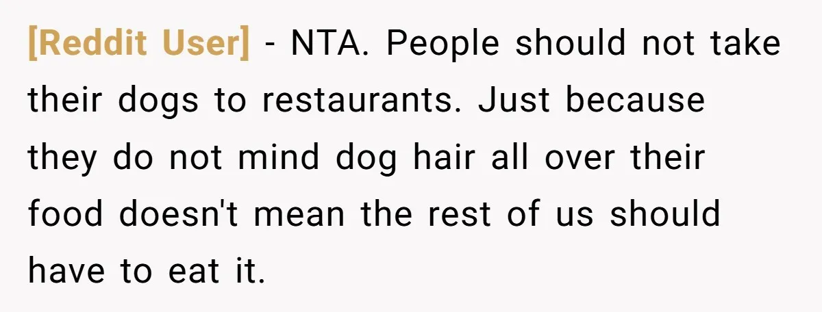 [Reddit User] − NTA. People should not take their dogs to restaurants. Just because they do not mind dog hair all over their food doesn't mean the rest of us...