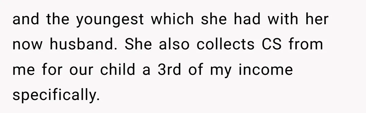 and the youngest which she had with her now husband. She also collects CS from me for our child a 3rd of my income specifically.