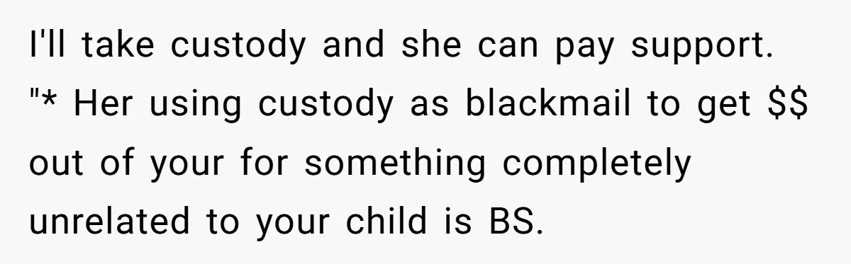 I'll take custody and she can pay support. "* Her using custody as blackmail to get $$ out of your for something completely unrelated to your child is BS.