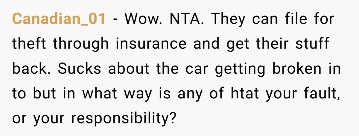 Canadian_01 − Wow. NTA. They can file for theft through insurance and get their stuff back. Sucks about the car getting broken in to but in what way is any...